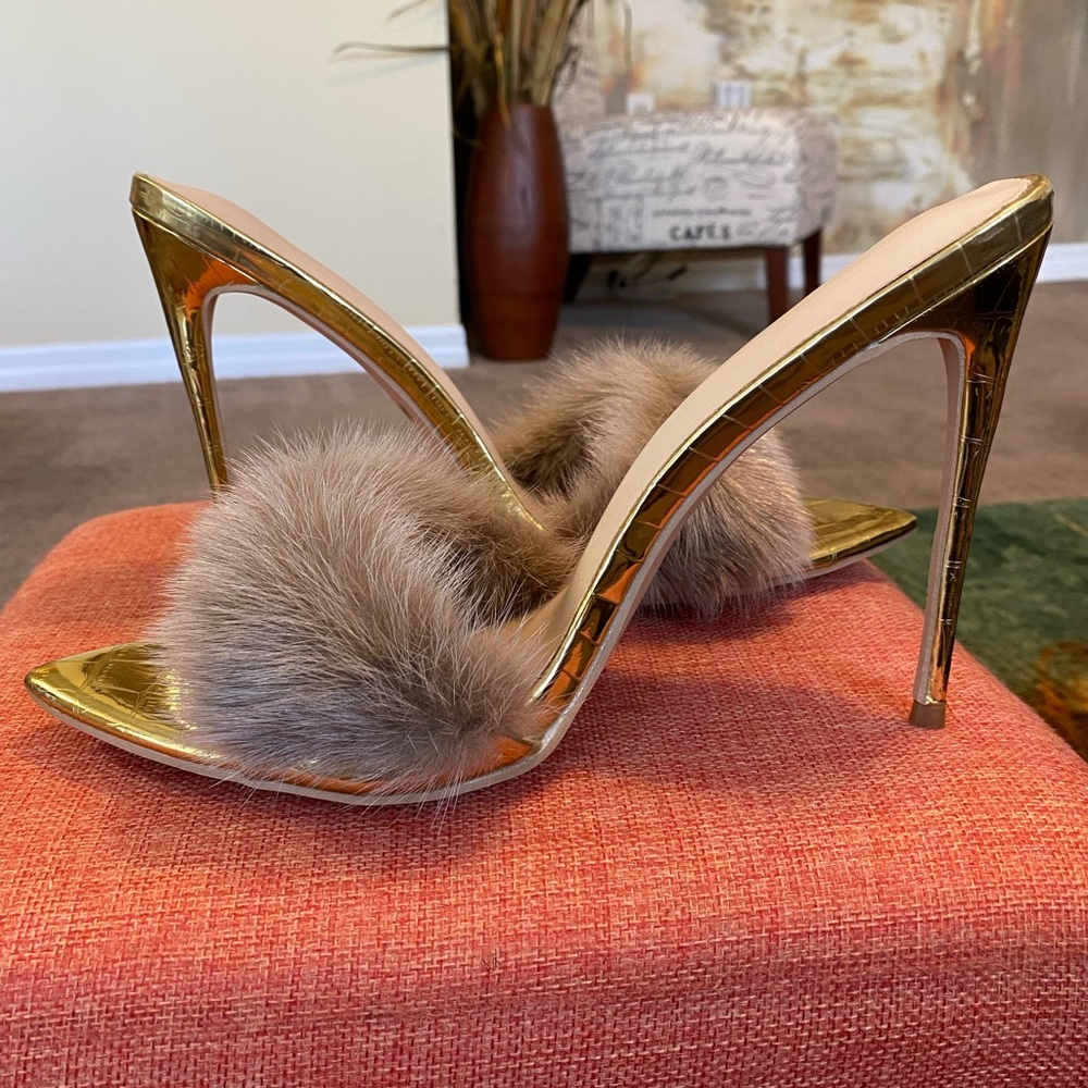 Faux Fur and Gold Stiletto Heels